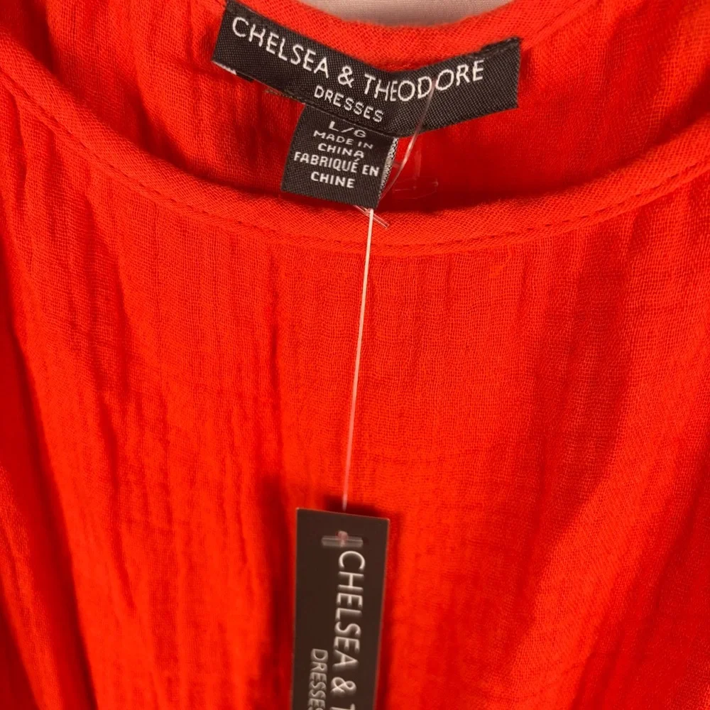 NWT Chelsea & Theodore Bold Orange Tiered Midi Dress, Large - Picture 8 of 12